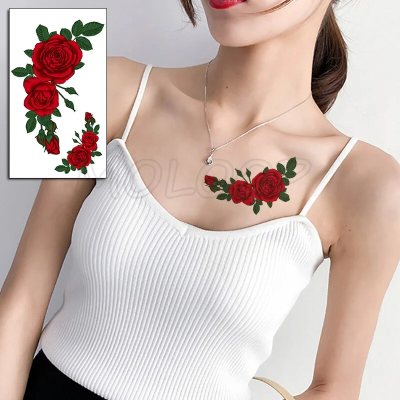 Beautiful Rose Flowers Body Art Neck Abdomen Waterproof Fake Tattoo Sexy for Woman Men Flash Temporary Small Size Tattoo Sticker