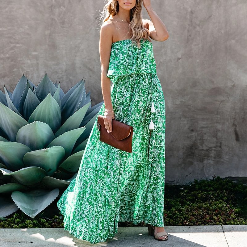 Leaf Print Off-shoulder Green Ruffled Slit Dress For Women MusePointer