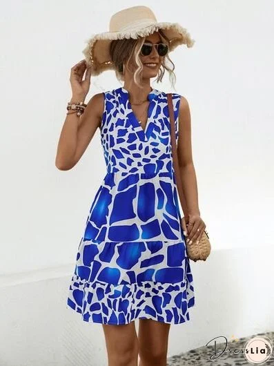 Printed Notched Sleeveless Tiered Dress