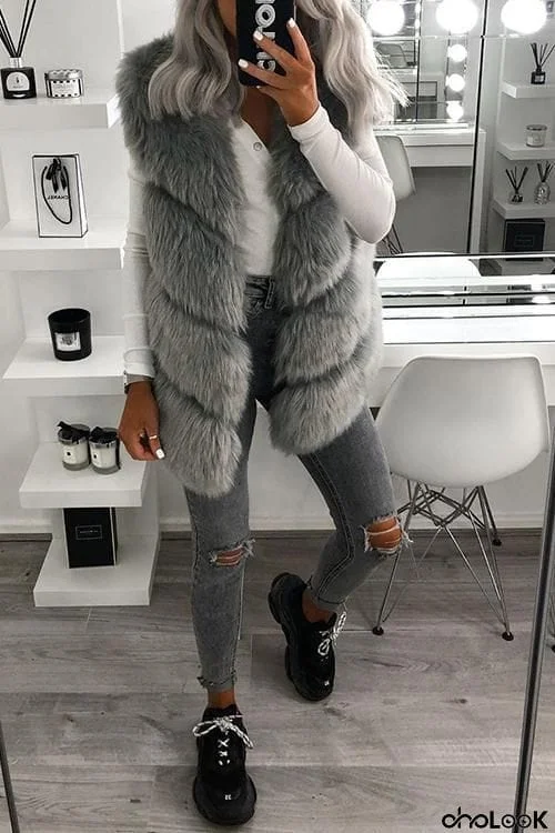 V Neck Faux Fur Vest