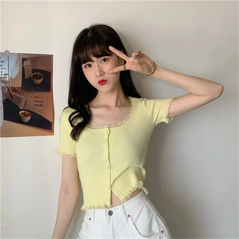Uveng Uveng Retro Girl Soft Lace Collar Knitted Jersey High-Waisted Short-Sleeved T-Shirt Top