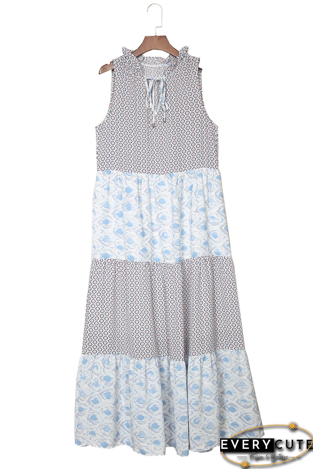 Sky Blue Abstract Print Split Neck Sleeveless Maxi Dress