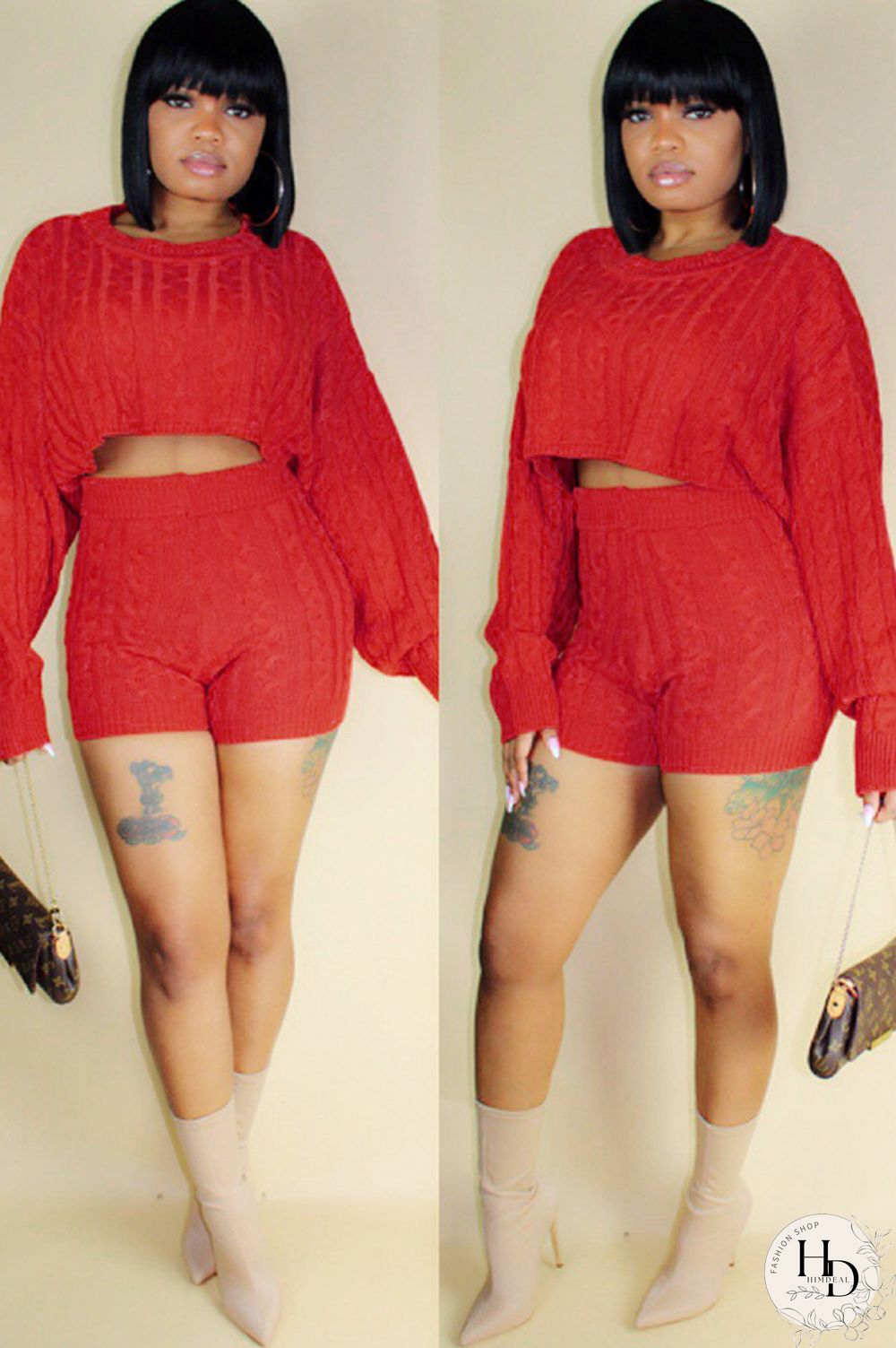 Orange Wool Europe and America Solid Two Piece Suits pencil Long Sleeve Two-Piece Short Set