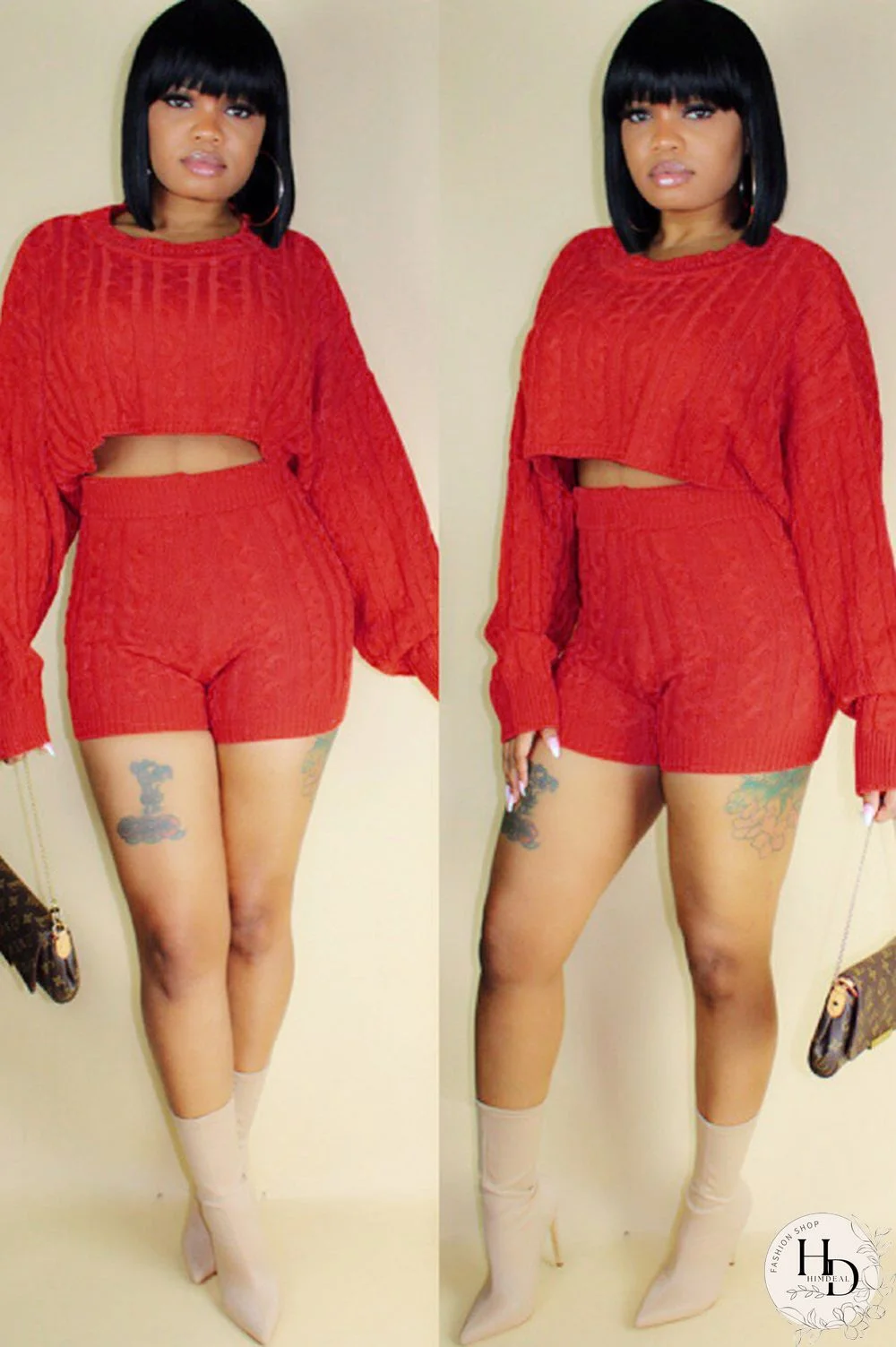 Orange Wool Europe and America Solid Two Piece Suits pencil Long Sleeve Two-Piece Short Set