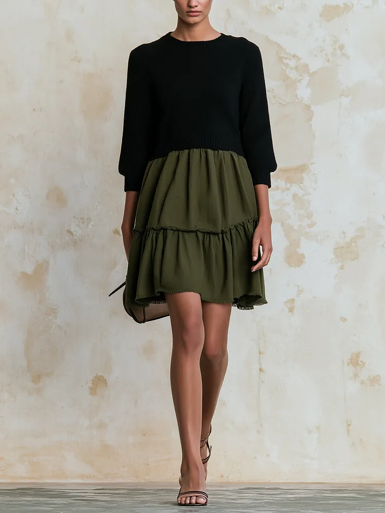 Elegant Contrast Knit Mini Dress &ndash; Casual Chic Long Sleeve Dress