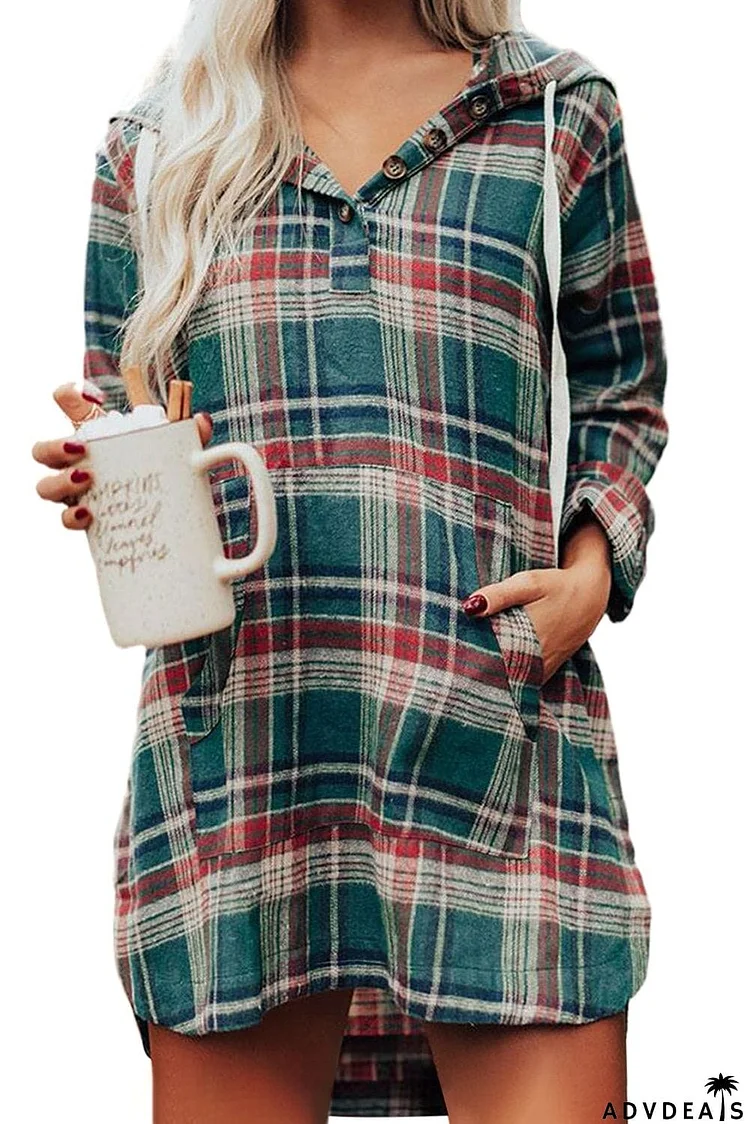 Hooded Button Placket Plaid Mini Dress with High/Low Hem