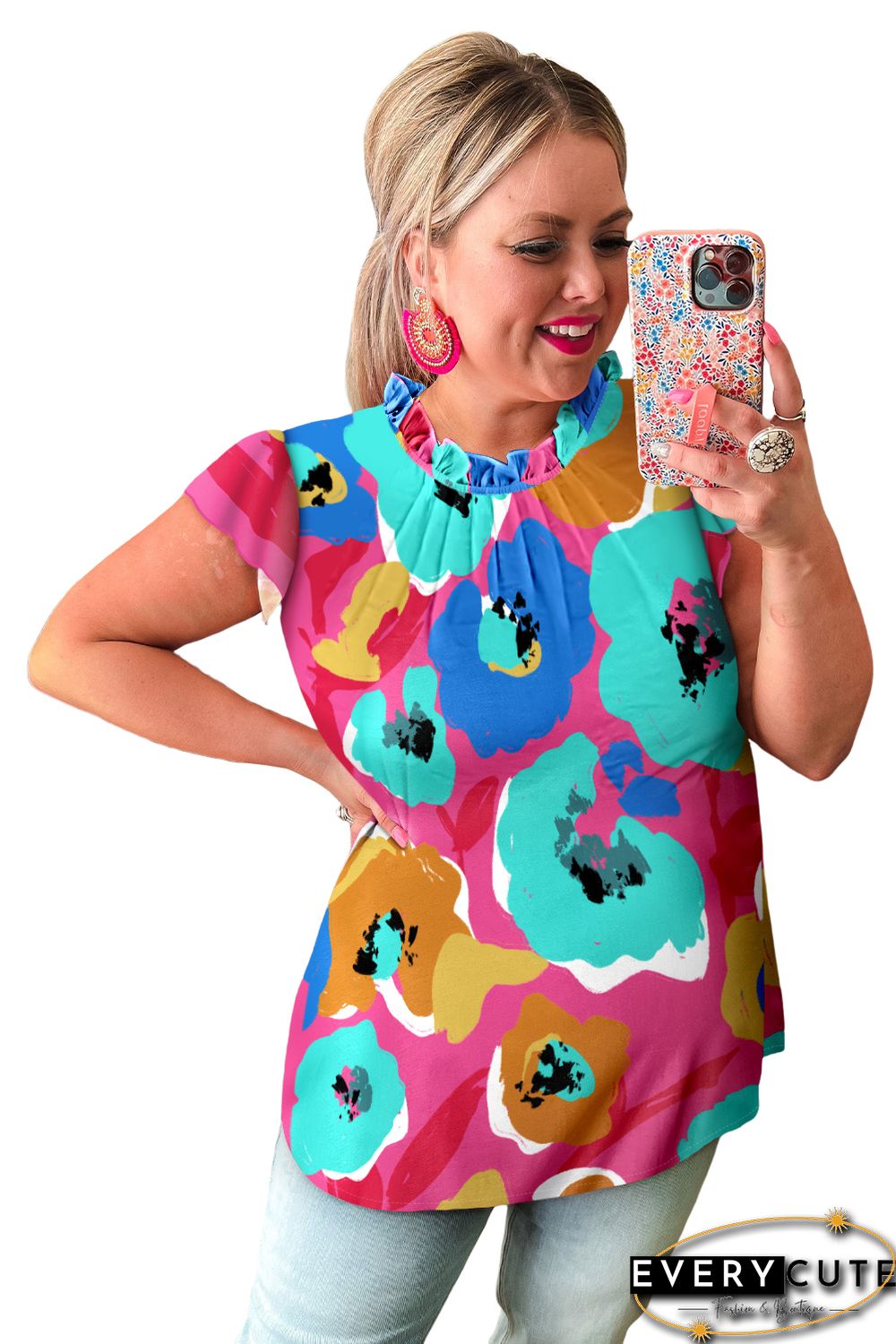 Multicolor Plus Size Watercolor Floral Print Frill Neck Blouse