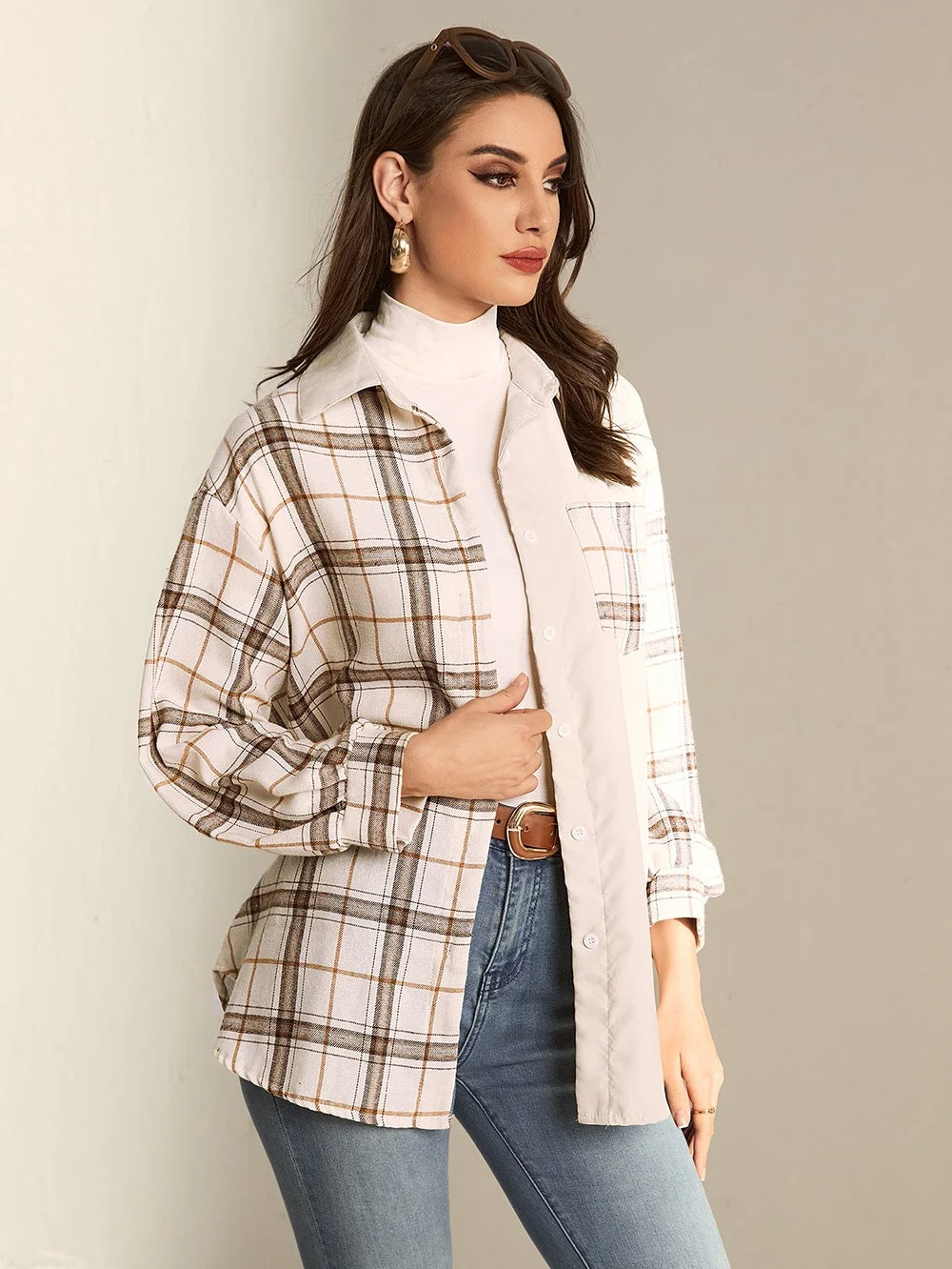 Women Colorblock Cardigan Plaid Women's Shirt Jacket