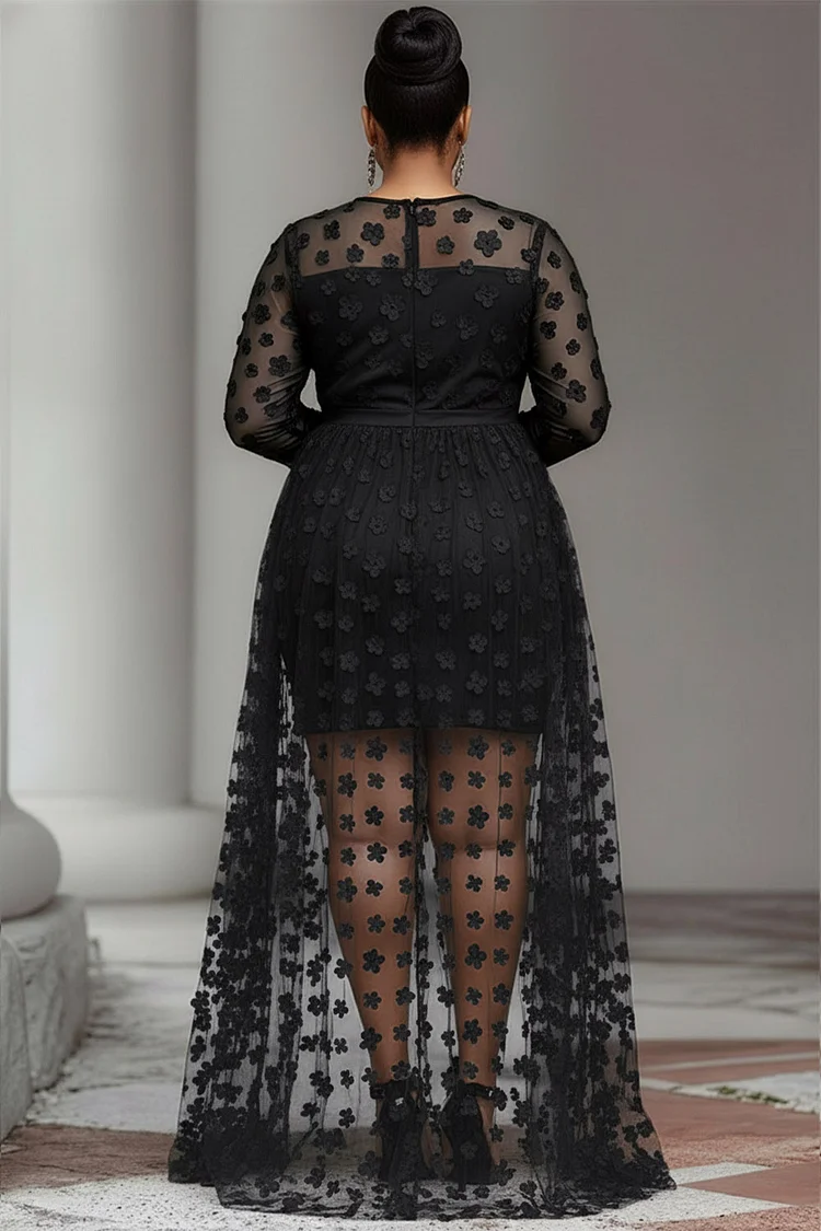 Xpluswear Design Plus Size Party Black Round Neck Long Sleeve High Low Hem Elegant See Through Tulle Mini Dresses [Pre-Order]