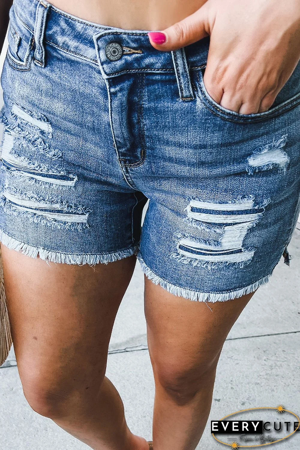 Sky Blue Distressed High Waist Plus Size Denim Shorts