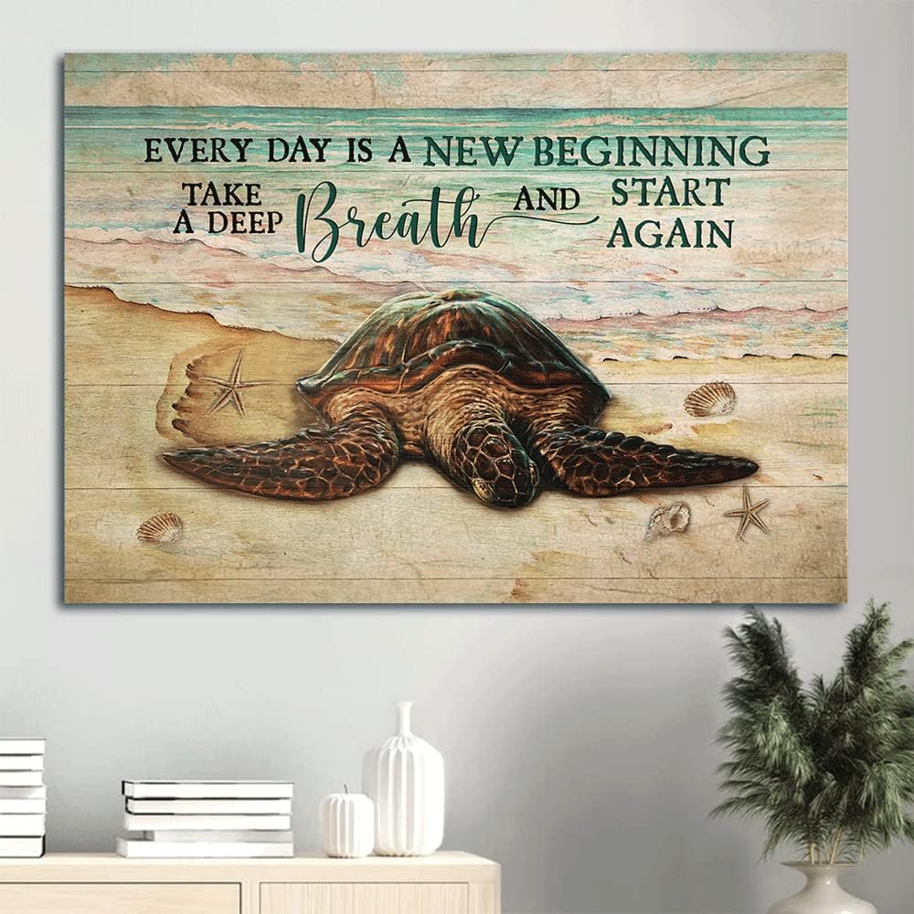 Turtle on Beach Painting Art - Every Day is a New Beginning Inspirational Poster Living Room Bedroom Wall Hanging - Gift Ideas - Gallery Wrapped Canvas Decor (Wrapped Canvas, 20x16) 20x16