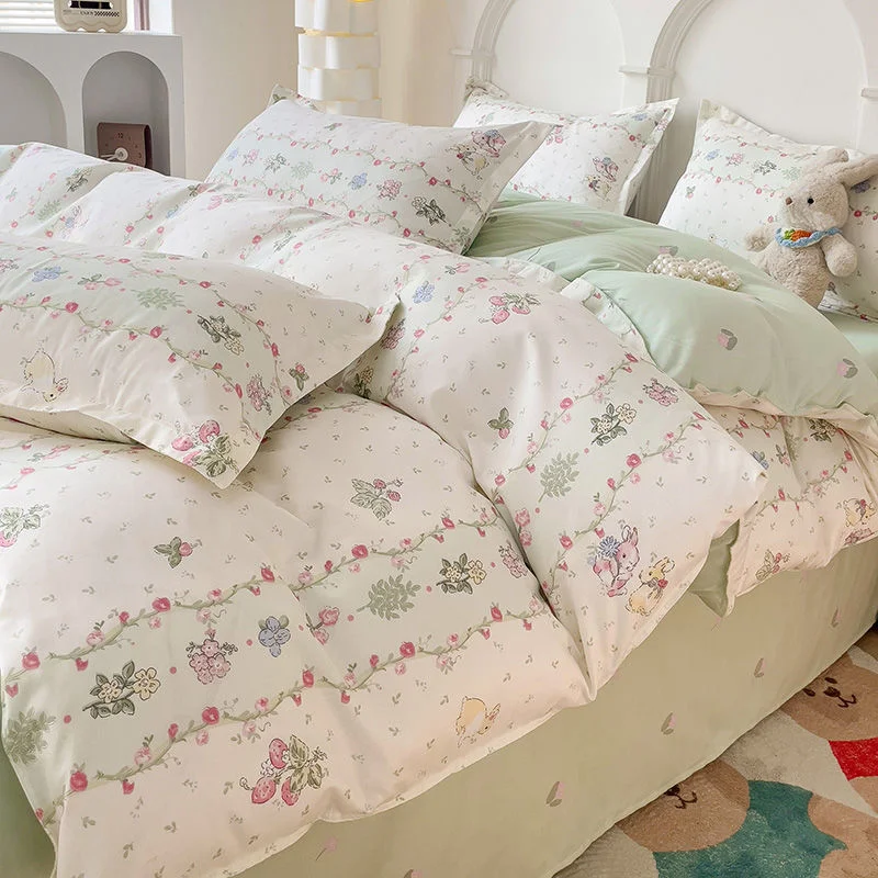 Aonga Cute Cartoon Duvet Cover Set No Filler Ins Full Queen Size Comforter Cover Sheet Pillowcase Skin-friendly Girl Home Bedding Set aonga