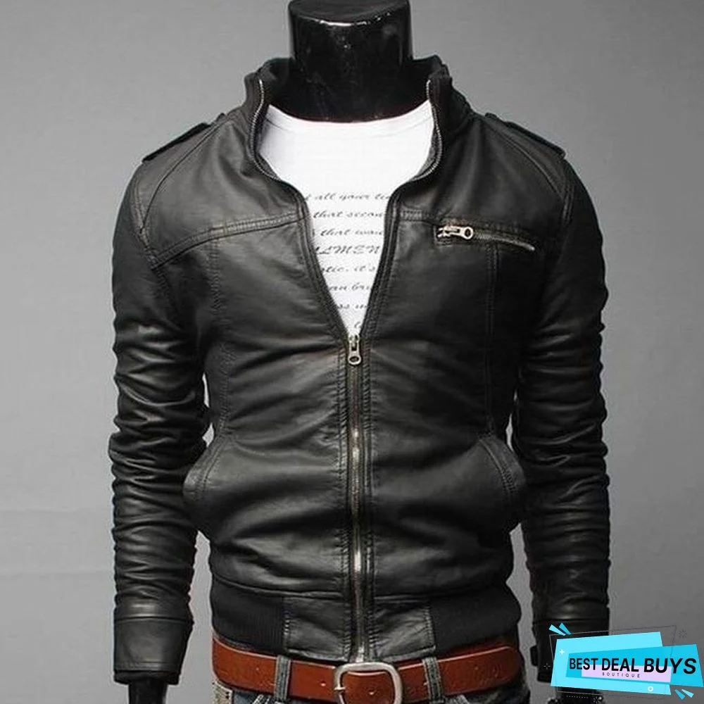 Fashion Men Vintage Motorcycle PU Leather Coats Stand Collar Long Sleeve Outwear Zipper Fitness Cool Jacket
