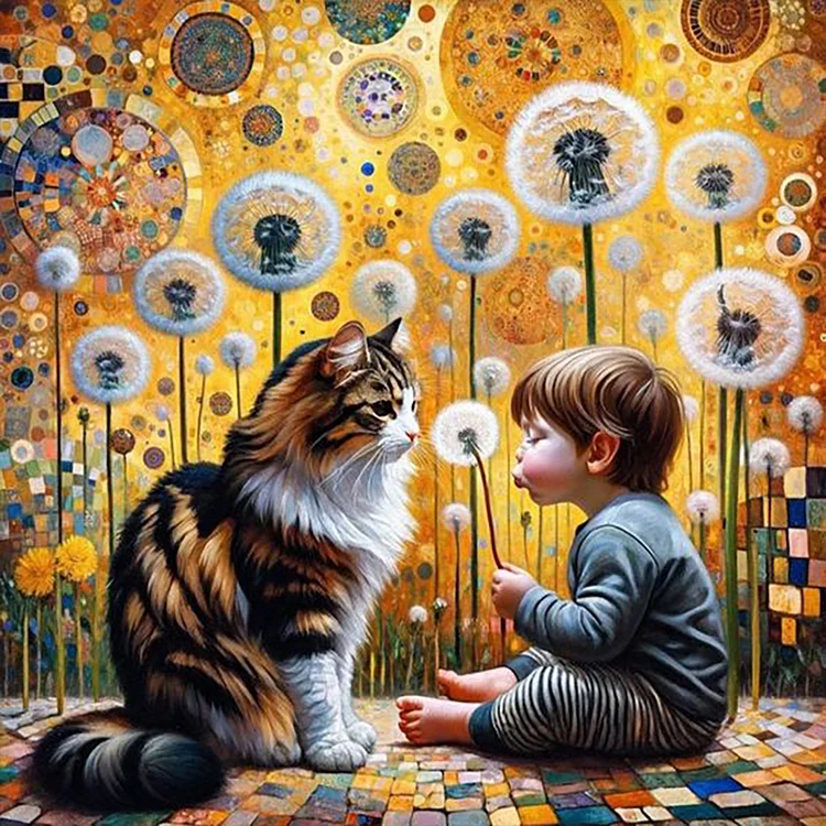 Cat, Dandelion And Child 30*30CM (Canvas) Full Round Drill Diamond Painting gbfke