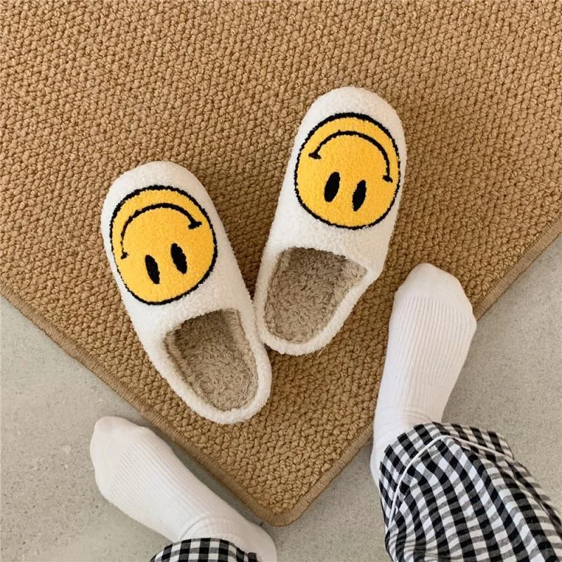 Smiley Face Women Winter Home Fur Slippers Indoor Footwear Cozy Cute Cartoon Pattern Slip on Plush Slides House Ladies Shoes