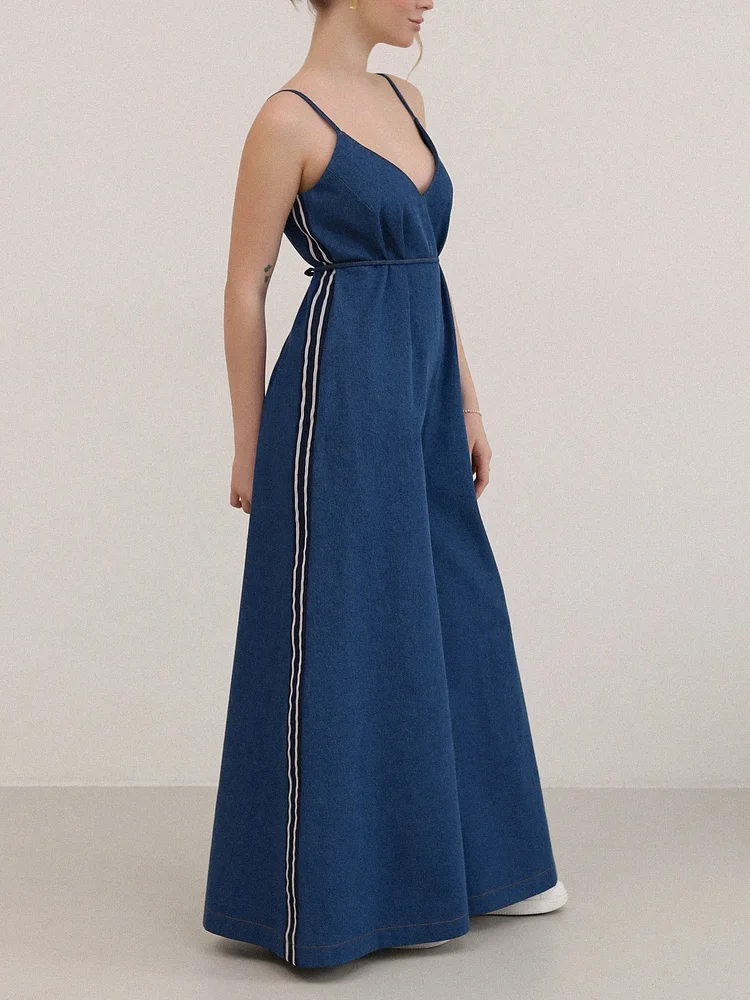 Blue Denim Spaghetti - Strap V - Neck Maxi Jumpsuit With Side Stripes