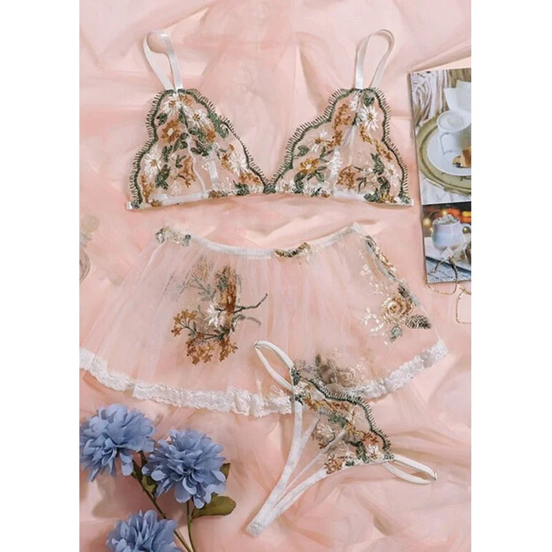 Porno Women Sexy Underwear 3PCS Erotic Lingerie Set Ladies Embrodiery Bra Set Women Bra + Thong + Skirts Set