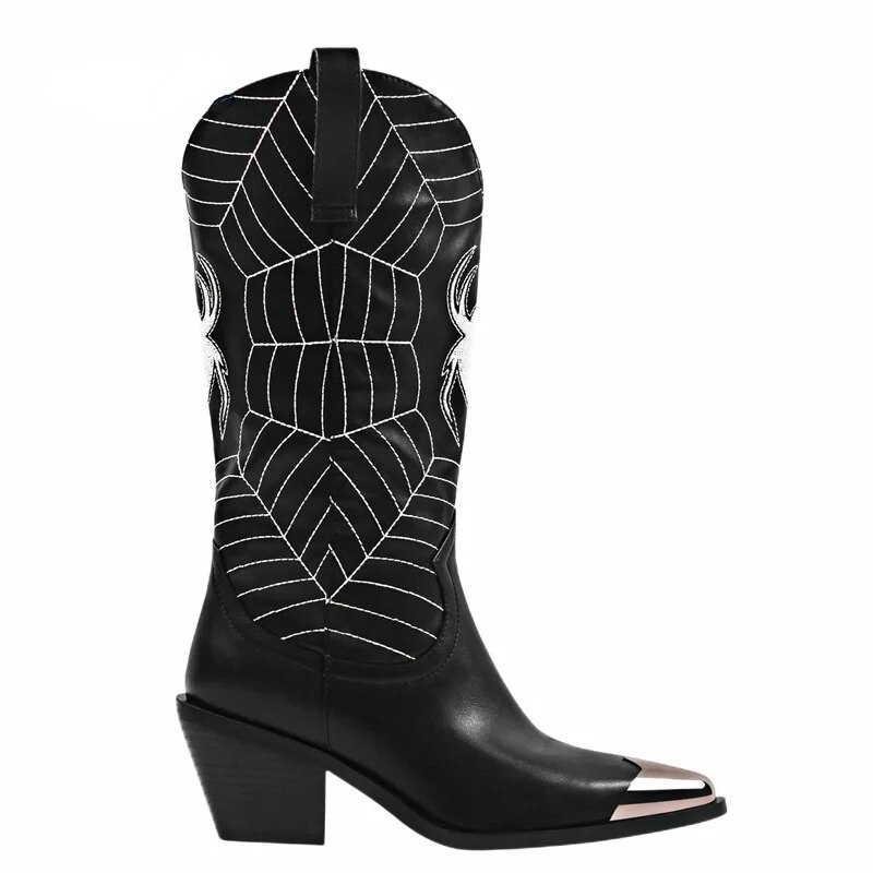 VCSHOES Embroidery Spider Cowboy Boots Faux Leather Mid-Calf Boots Western Cowgirl Boots Pointed Toe Chunky Block Heels Shoes For Woman