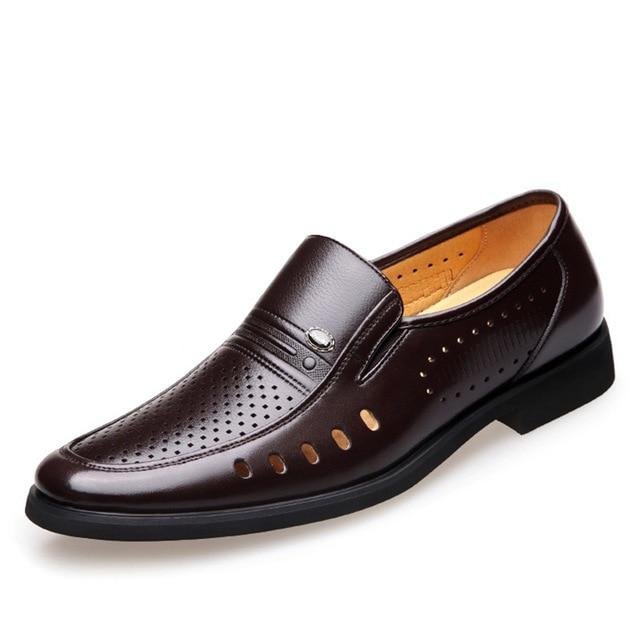 Men's Breathable Slip-On Hollow Leather Classic Business Wedding Shoes Flat Shoes