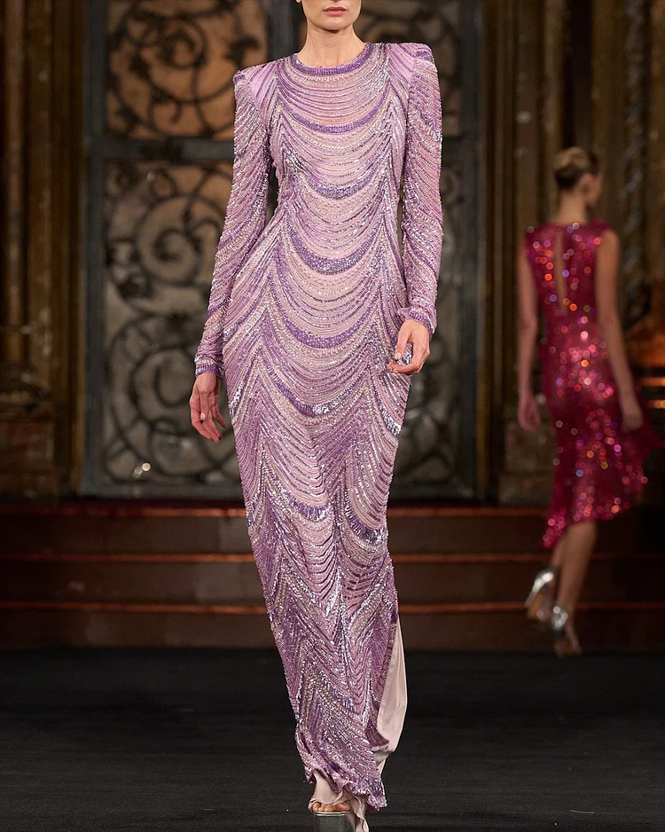 Women's Round Neck Sequin Long Sleeve Dress
