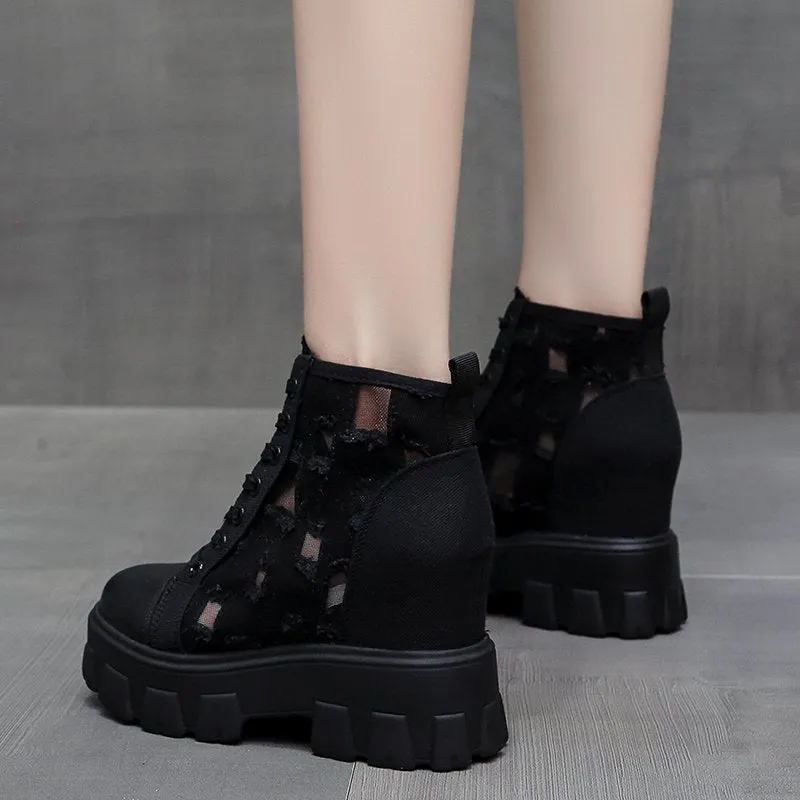 2022 Autumn Hollow Out Canvas Ankle Boots For Women Round Toe Lace Up Hidden Heels Shoes Woman Chunky Platform Booties