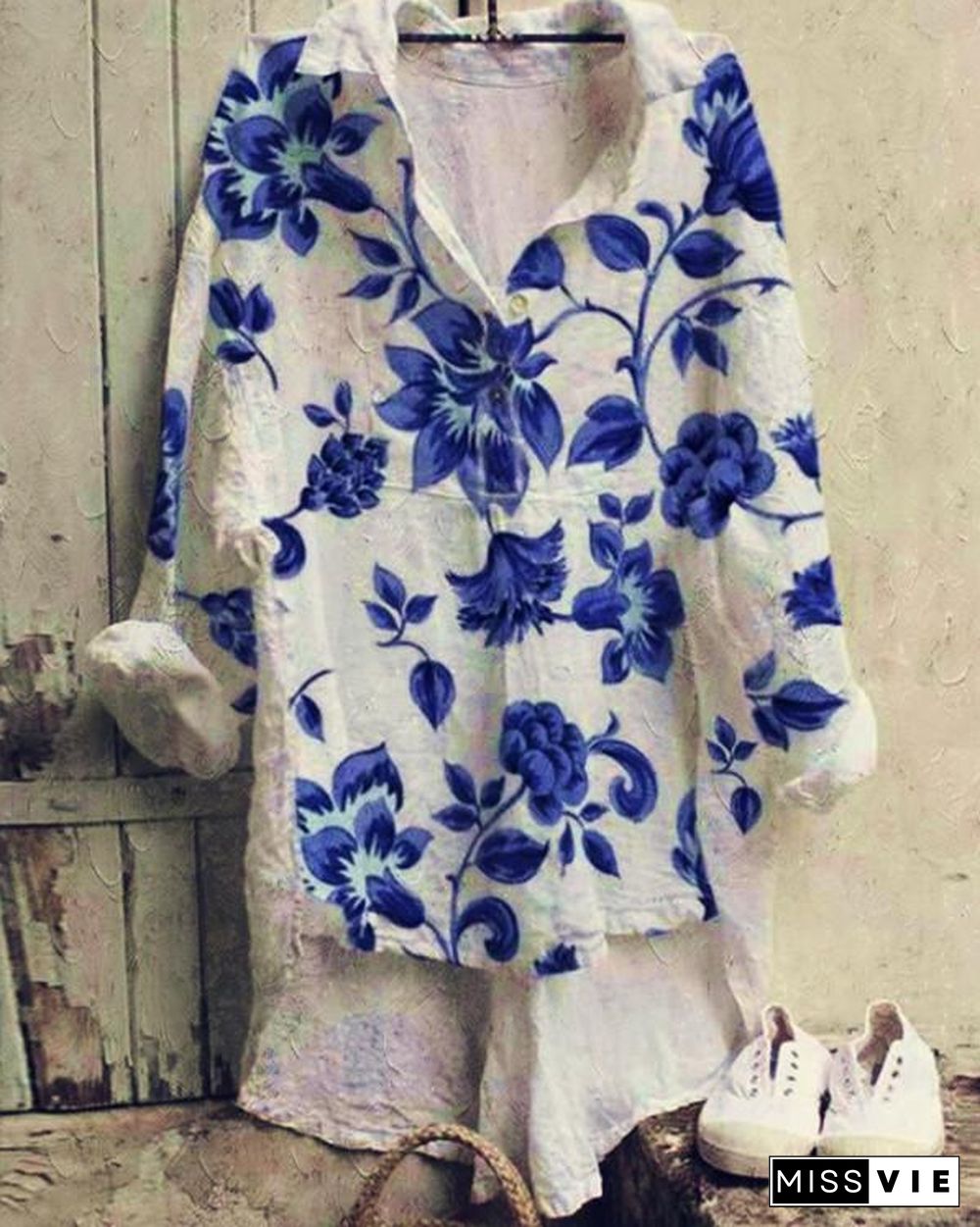 Lapel Printed Long-sleeved Shirt