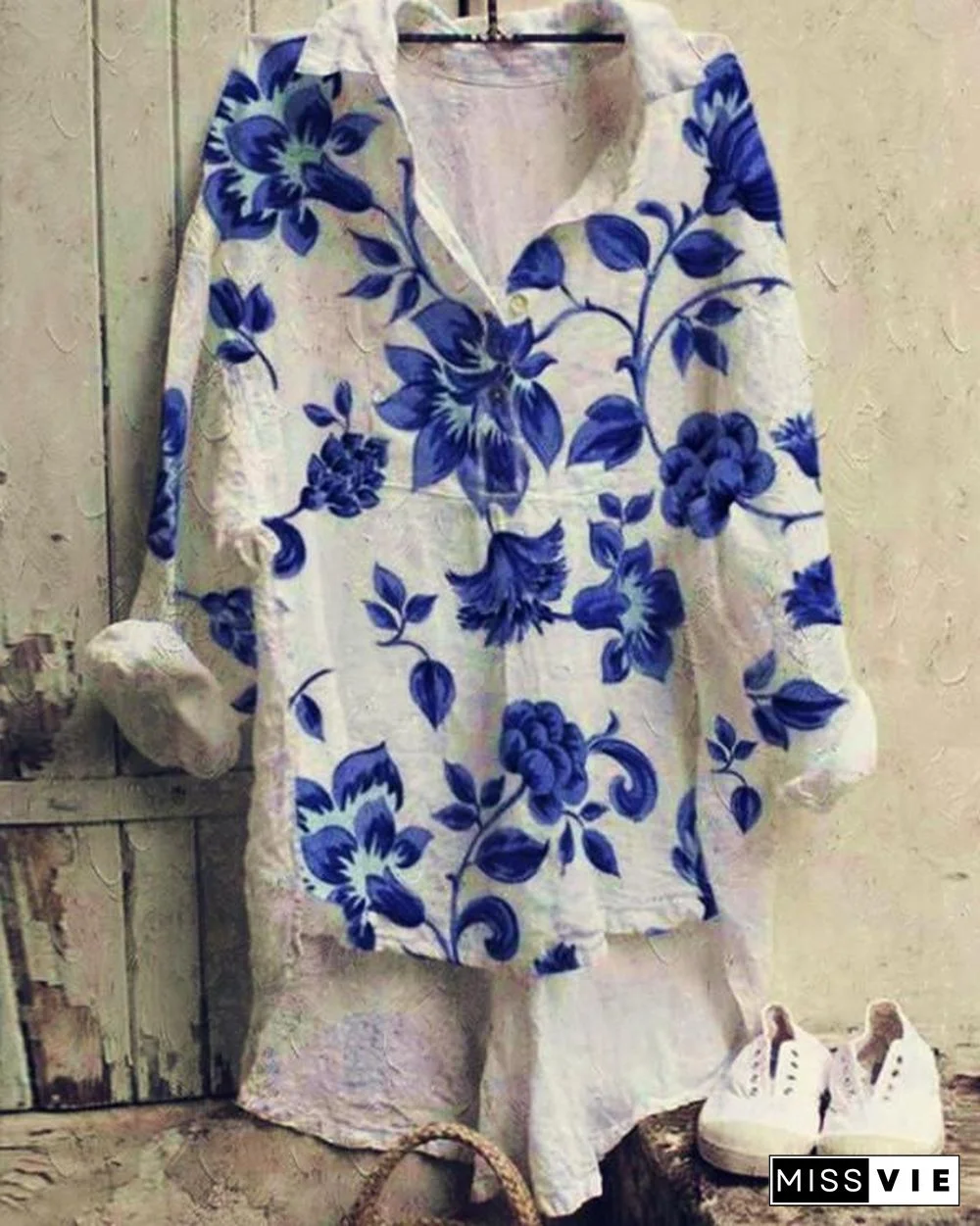 Lapel Printed Long-sleeved Shirt