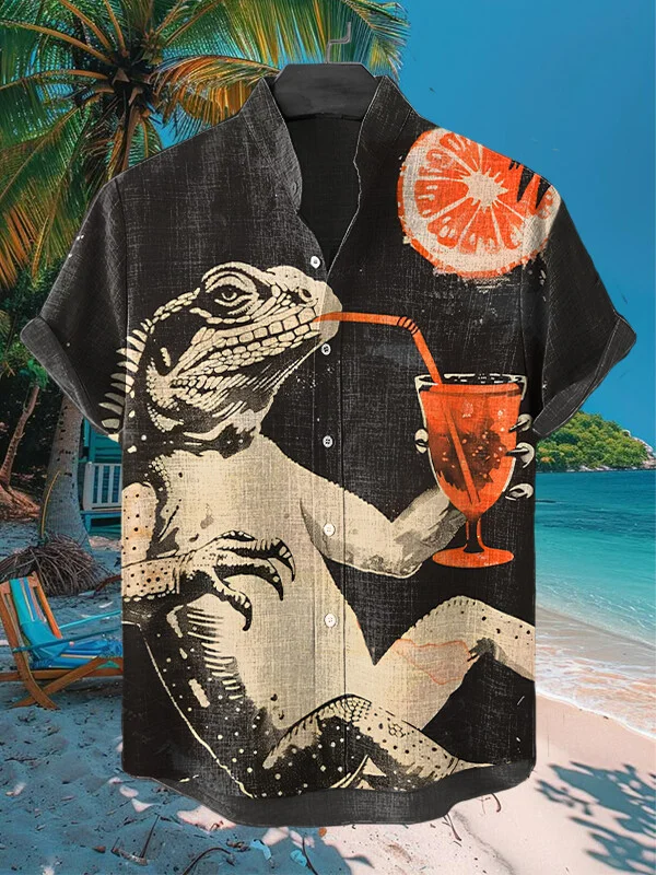 Men's Retro Iguana Drinks Cocktail Print Short Sleeve Shirt