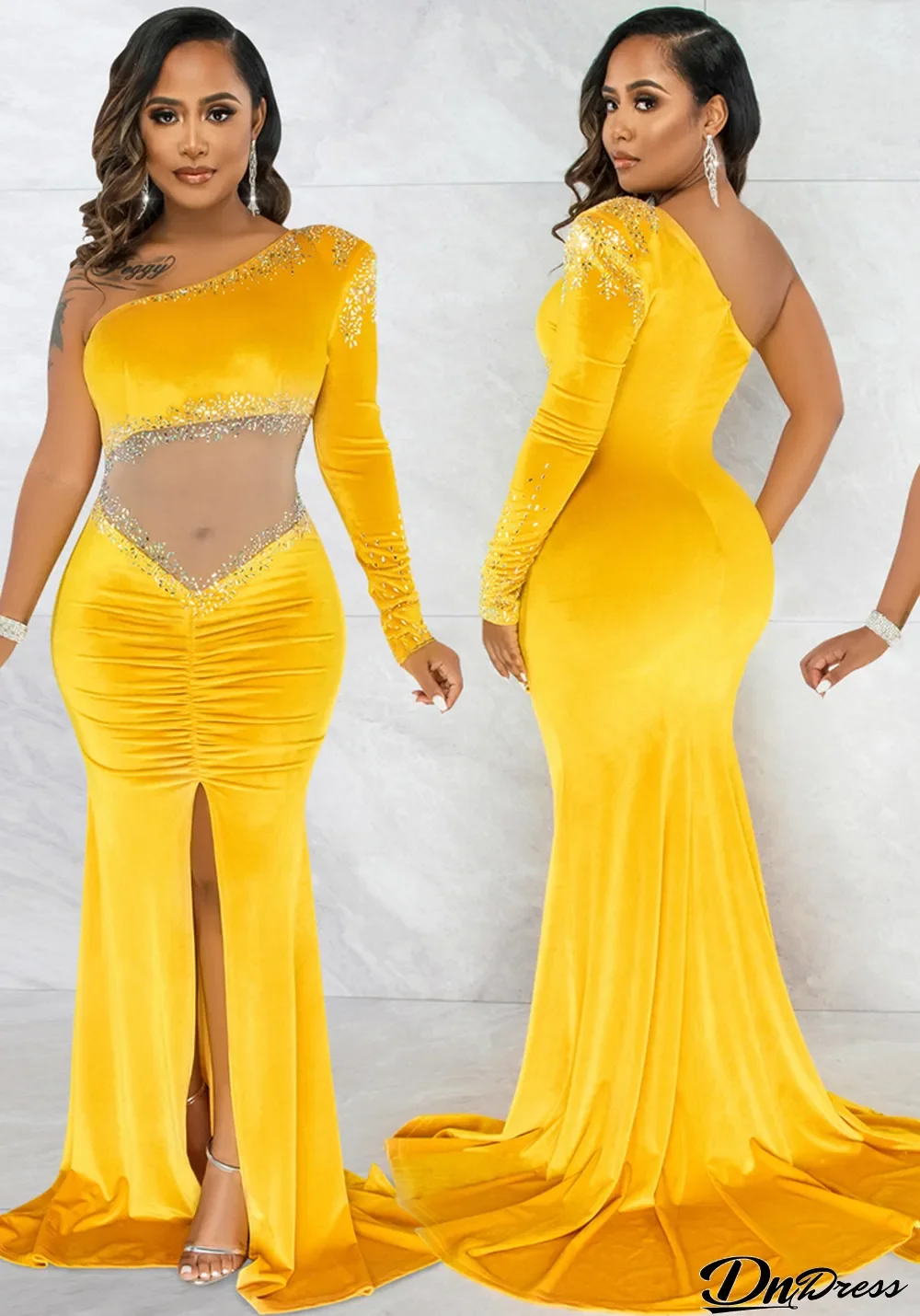 Women Spring Yellow Formal One Shoulder Full Sleeves Patchwork Velvet Beading Slit Mermaid Evening Dress