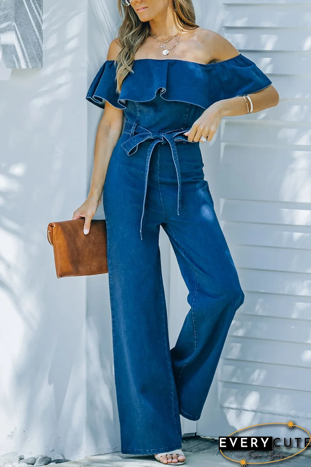 Off The Shoulder Denim Jumpsuit(Presale)