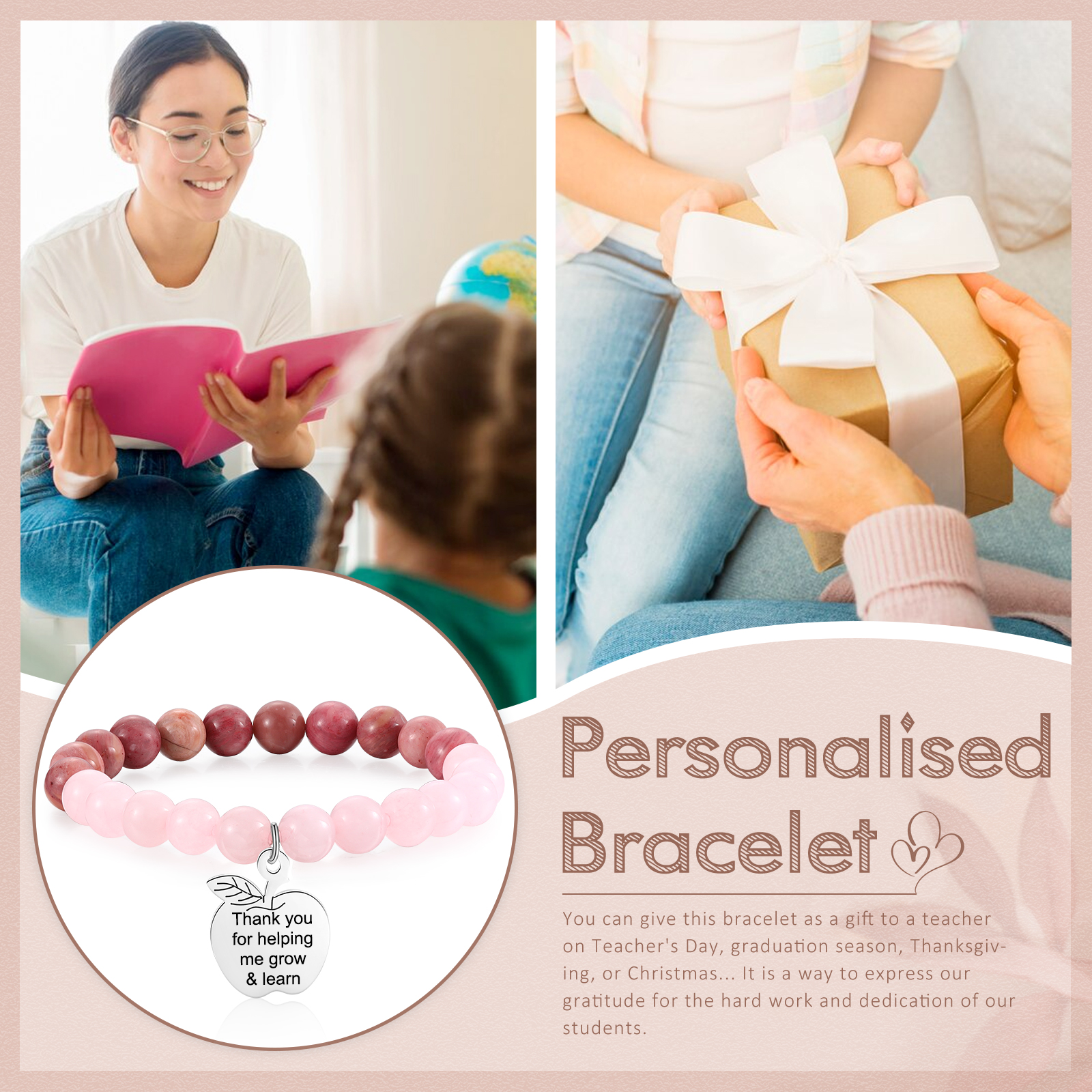 Braccialetto di pietre naturali con 1 testo personalizzato multicolori da scegliere