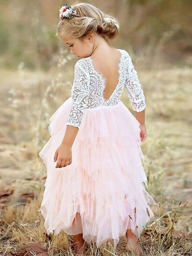 Oknass Ball Gown Long Sleeve Jewel Neck Flower Girl Dresses Lace Tulle With Bow