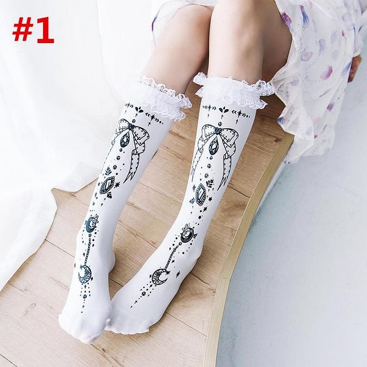 4 Colors Sweet Bow Jewel Lace Long Socks S13047