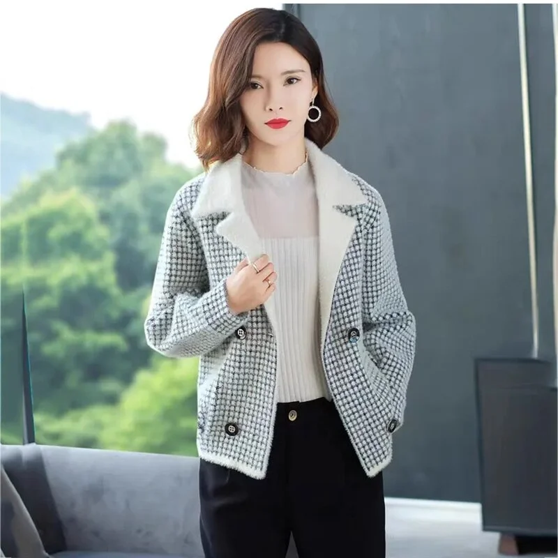 Plus size Imitation Mink Velvet Short Cardigan Women Fashion Sweet Double Breasted Sweater Coat Long Sleeve Autumn Outerwear