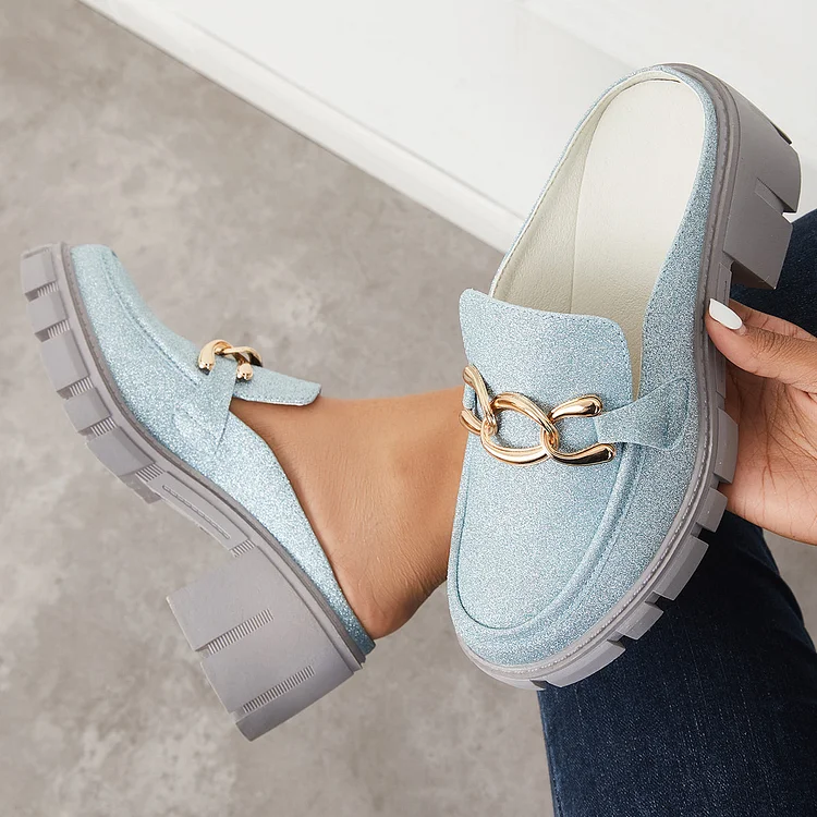 Chain Decor Platform Chunky Heel Mules Slip on Backless Loafers