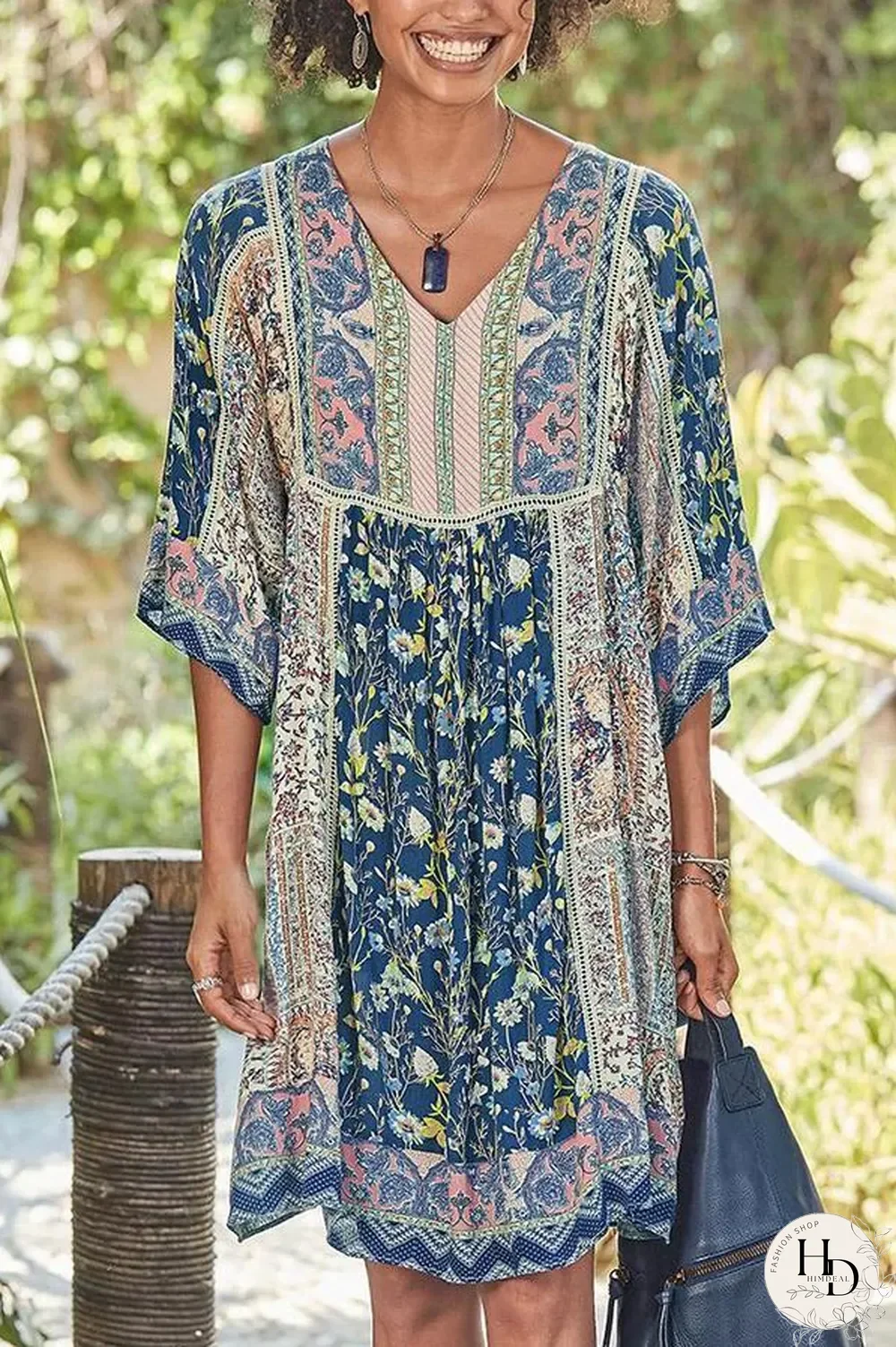 Bohemian Floral Print V-neck Half Sleeves Holiday Midi Dress