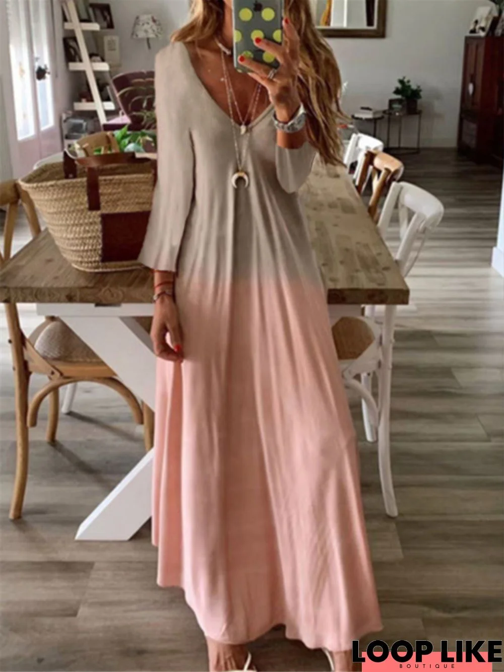 Graphic Printed Casual V-neck Long Sleeve Maxi Dress