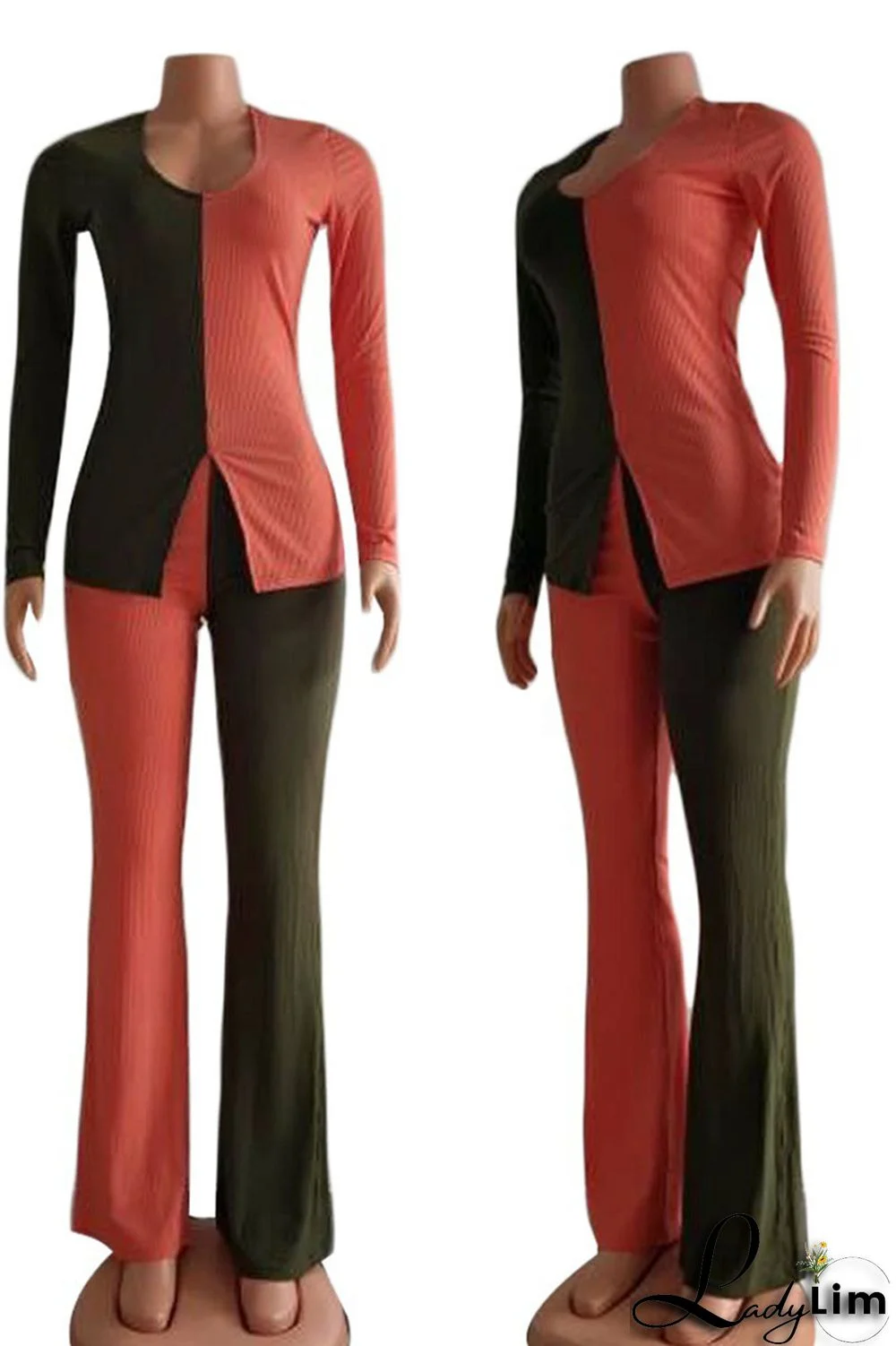 Red Blue Casual Solid Split Joint Slit U Neck Long Sleeve Two Pieces