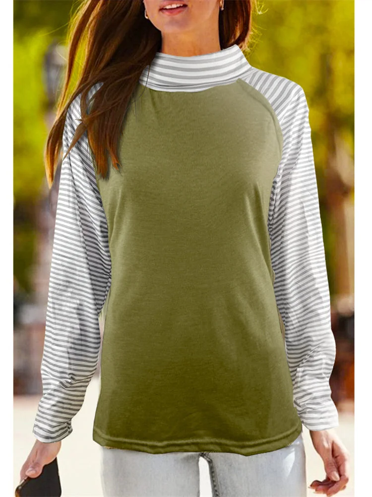 Women Long Sleeve Turtle Neck Striped Stitching Tops