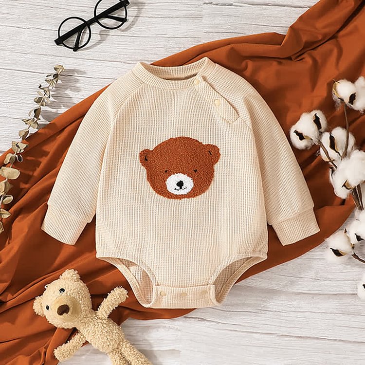 Baby Embroidered Bear Bodysuit in Apricot