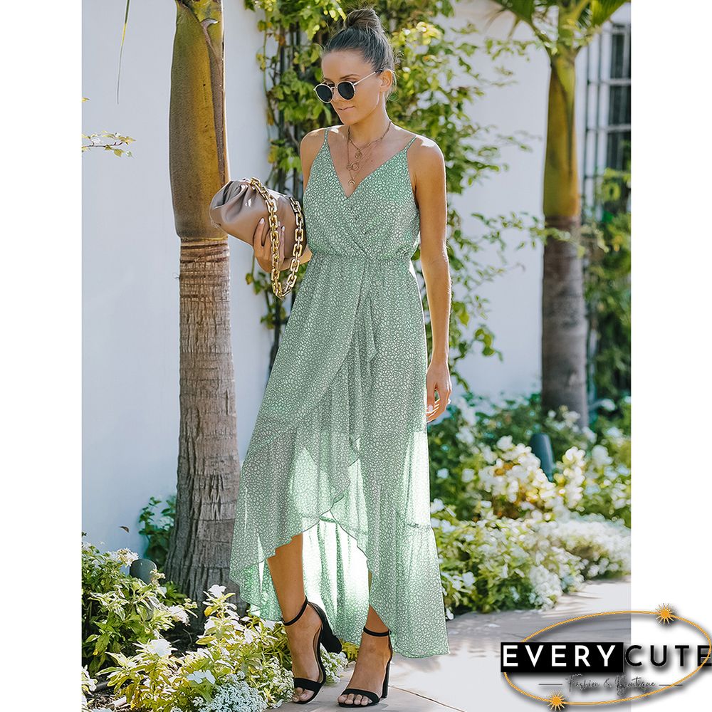 Light Green Wave Point Ruffle Detail Irregular Maxi Dress