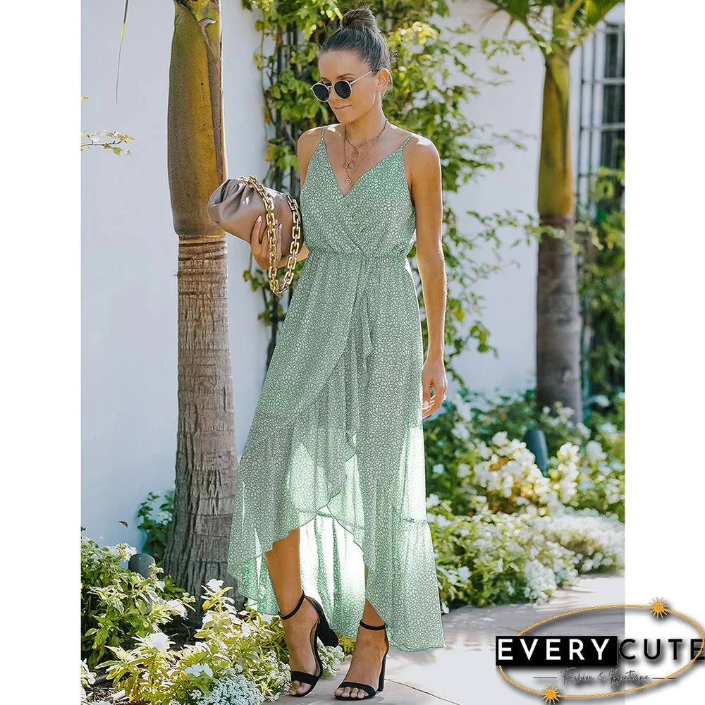 Light Green Wave Point Ruffle Detail Irregular Maxi Dress