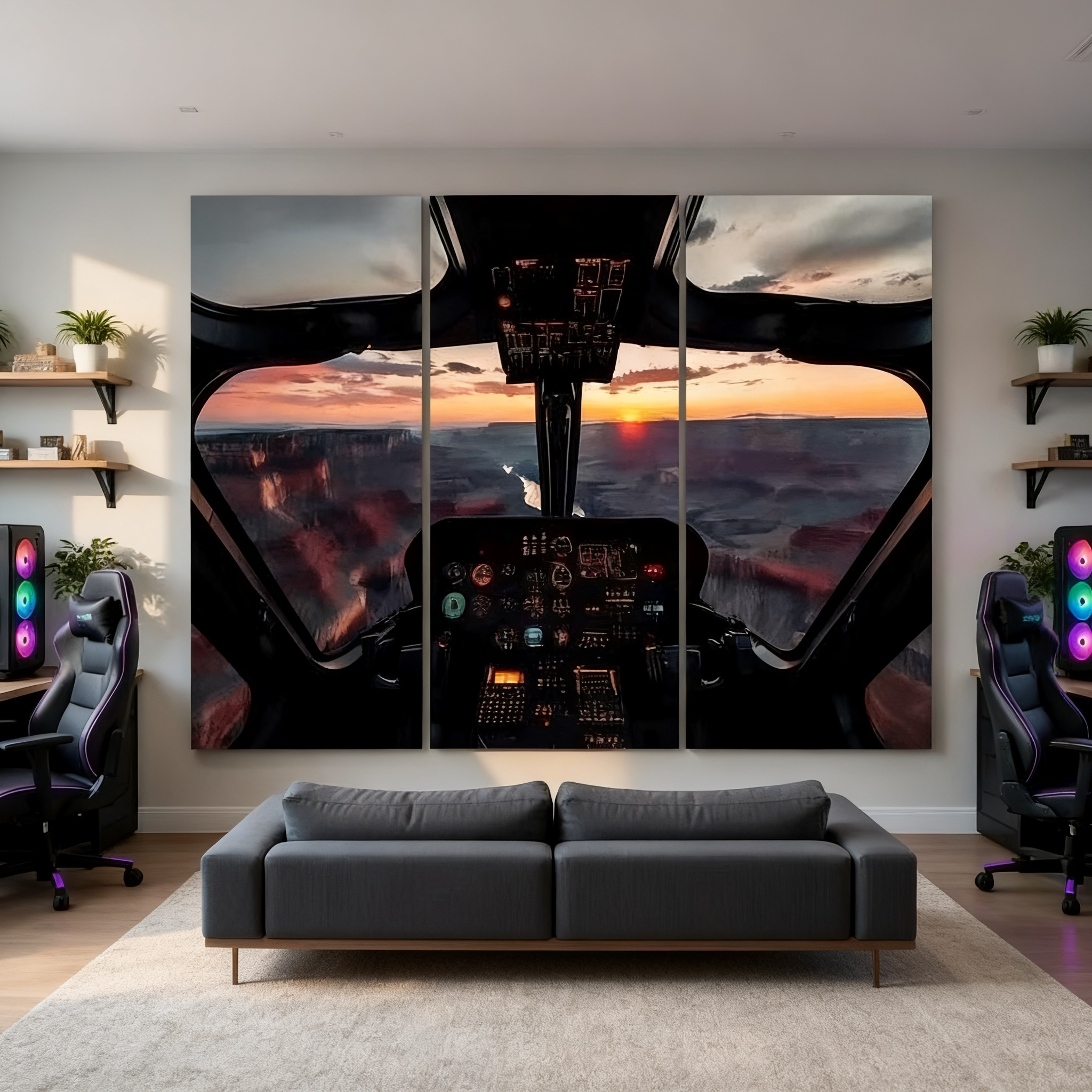 3-Piece Set Helicopter Cockpit Over Grand Canyon Sunset Canvas Wall Art