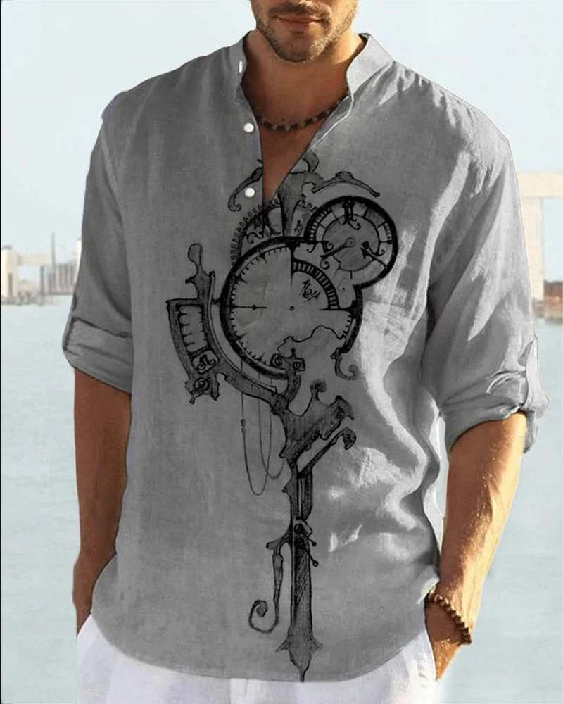 Fashion Abstract Clock  Printed Cotton Linen Shirt