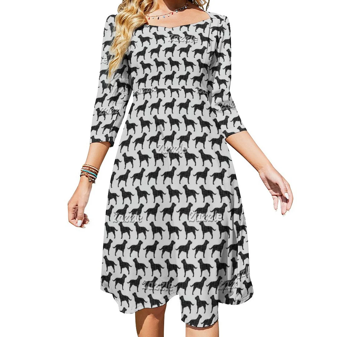 Black Labrador Retriever Silhouettes Labs Pattern Dress Sweetheart Tie Back Flared 3/4 Sleeve Midi Dresses