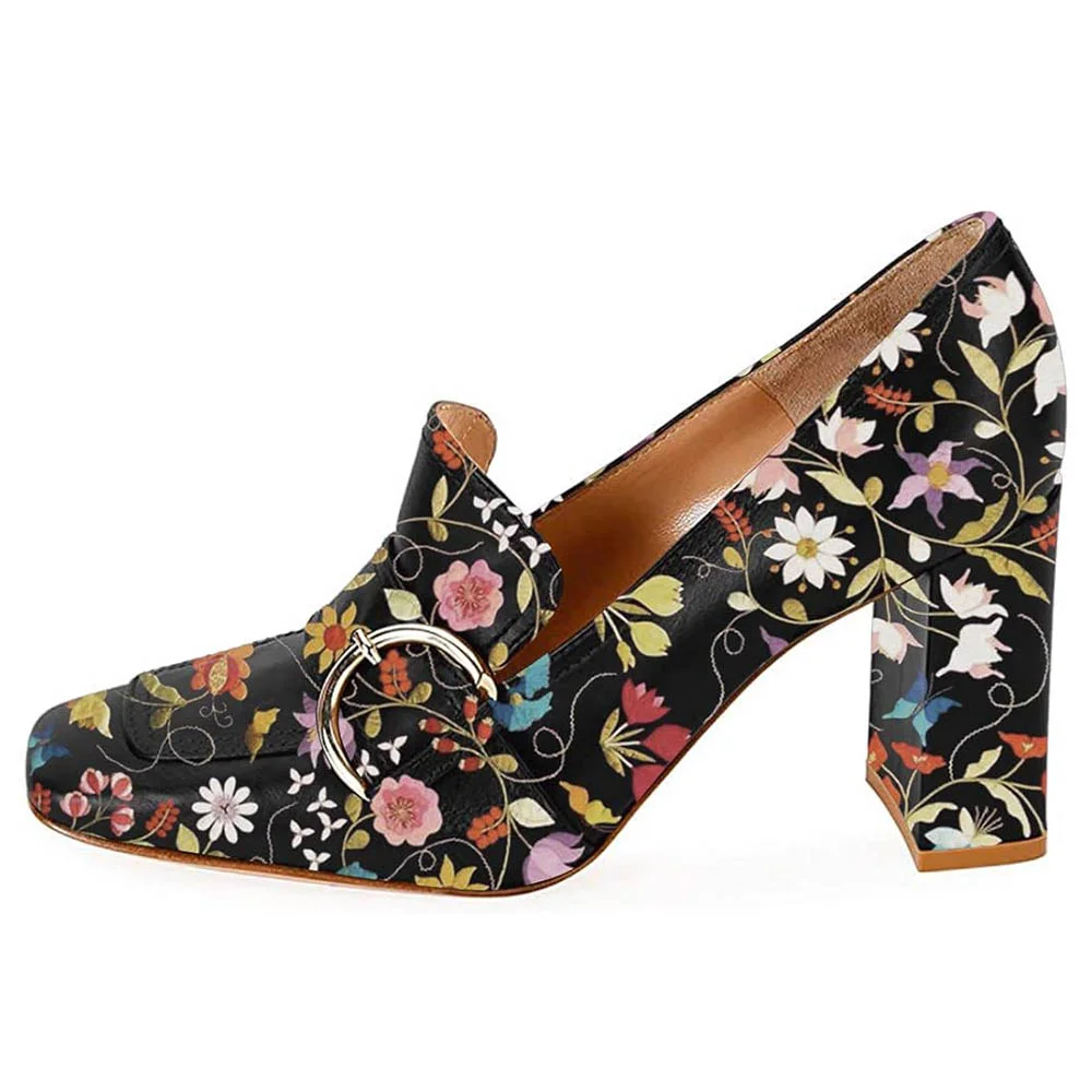 Multicolor Floral Print Chunky Heel Buckle Square Toe Women's Loafers