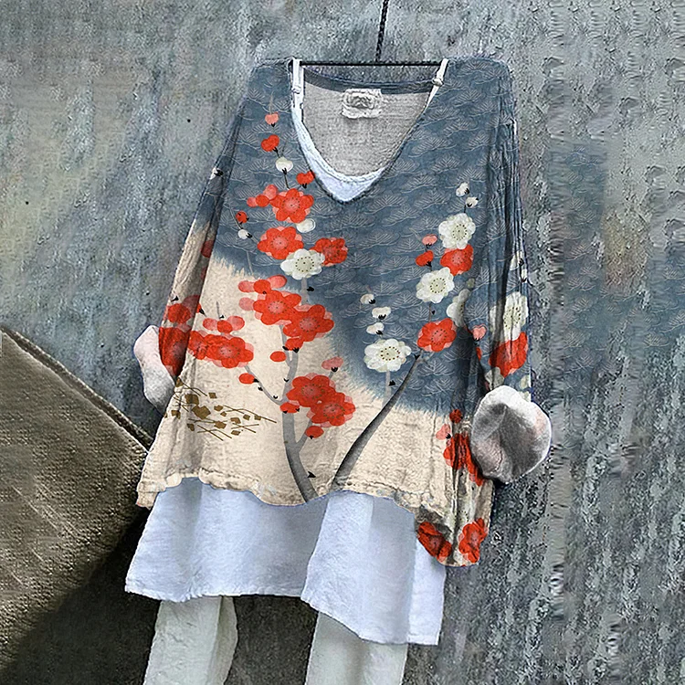 Comstylish Japanese Art Cherry Blossom Print V-Neck Loose Blouse