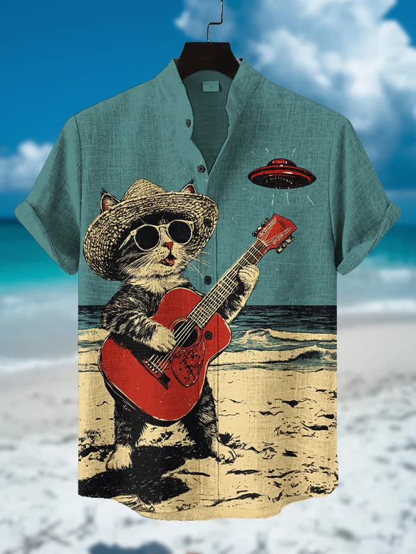 Men's A Naughty Cat Plays Guitar And A UFO Appears Print Short Sleeve Shirt