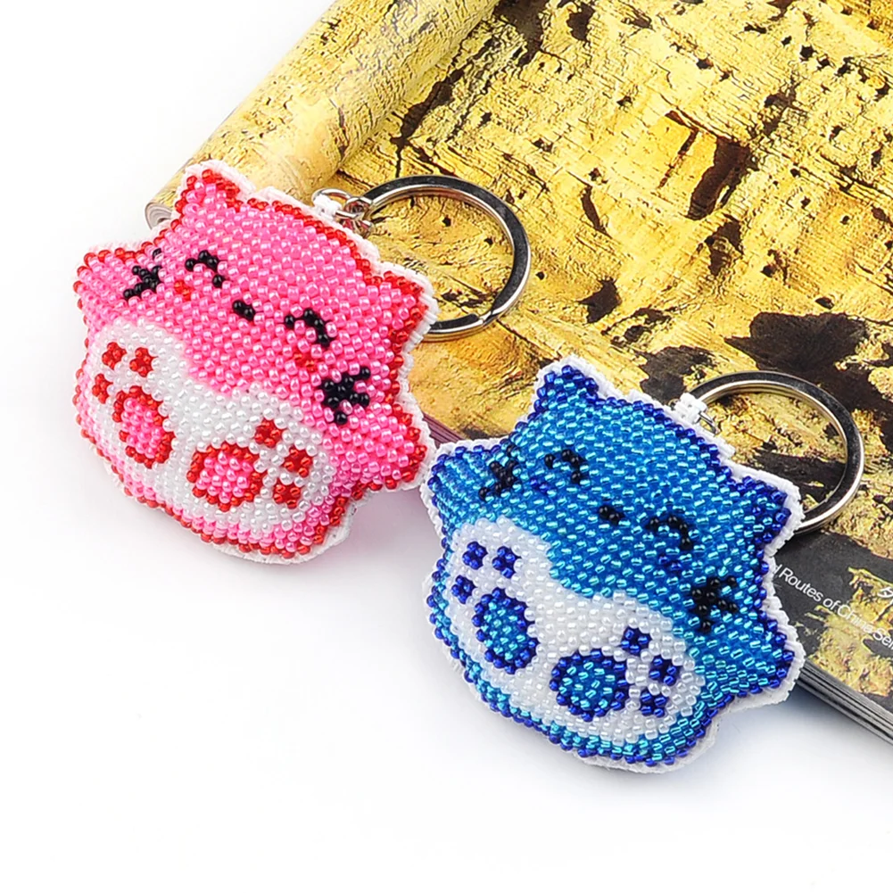 2Pcs Pink Blue Cat - Stamped Bead Embroidery - Keychain