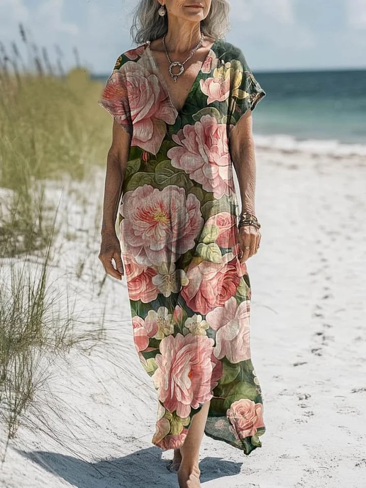 Women's Vintage Lovely Floral Art Print Pocket Cotton Dress